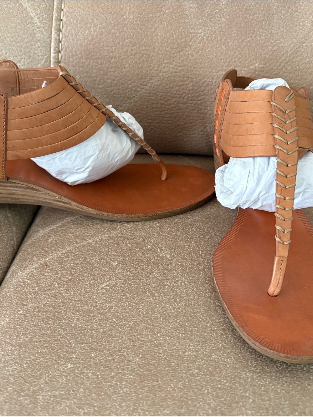 Coach Tan Leather T-Strap Sandals with Braided Accent